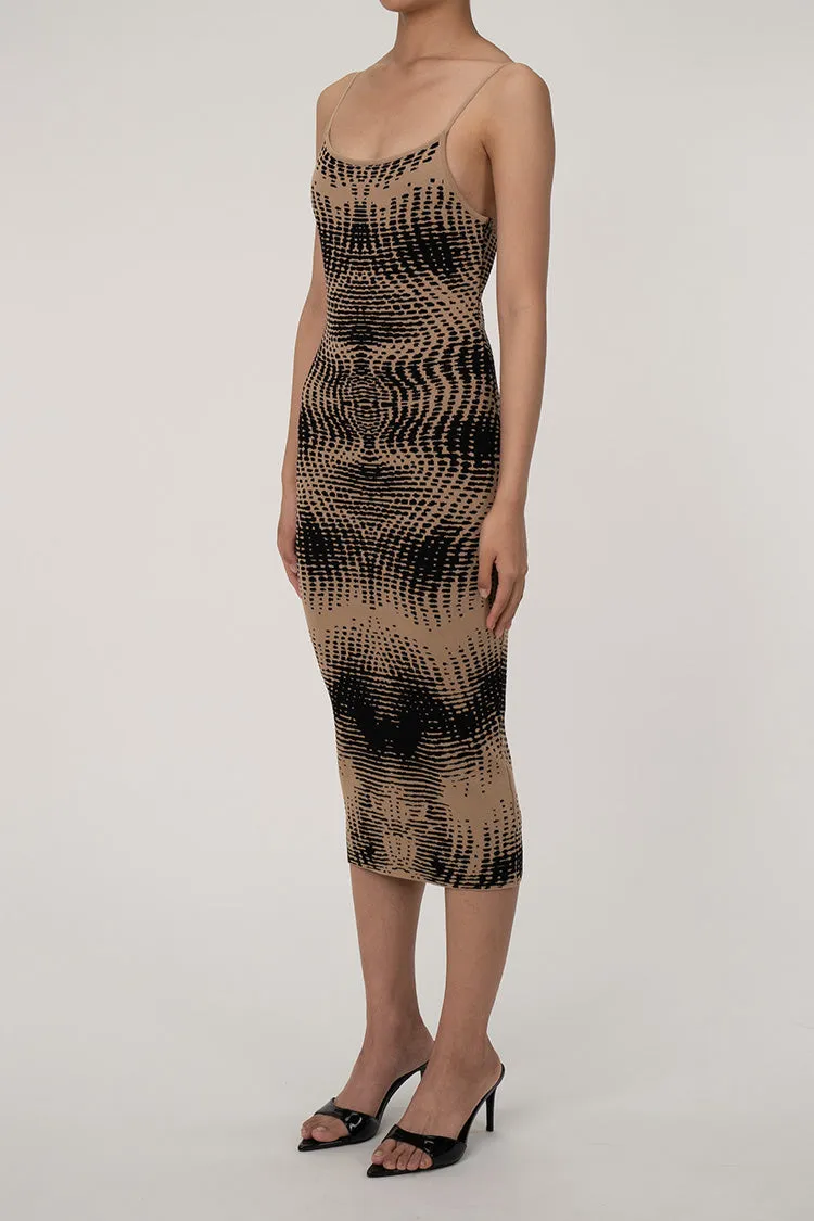 Vintage Abstract Jacquard Pattern Scoop Neck Spaghetti Strap Knit Midi Dress