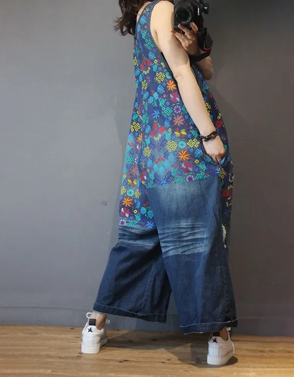 Wide Leg Printed Denim Overalls Loose Retro Jumpsuit