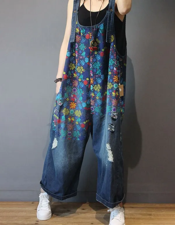 Wide Leg Printed Denim Overalls Loose Retro Jumpsuit