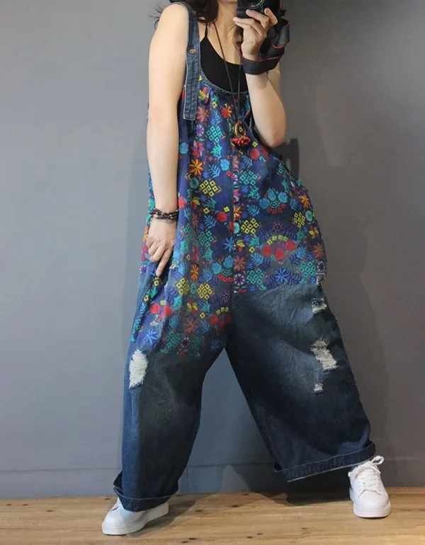 Wide Leg Printed Denim Overalls Loose Retro Jumpsuit