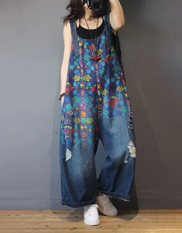 Wide Leg Printed Denim Overalls Loose Retro Jumpsuit