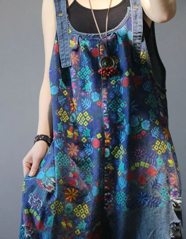 Wide Leg Printed Denim Overalls Loose Retro Jumpsuit