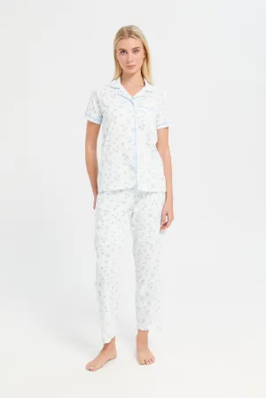 Women White Printed Classic Pyjama Set (2 Piece)