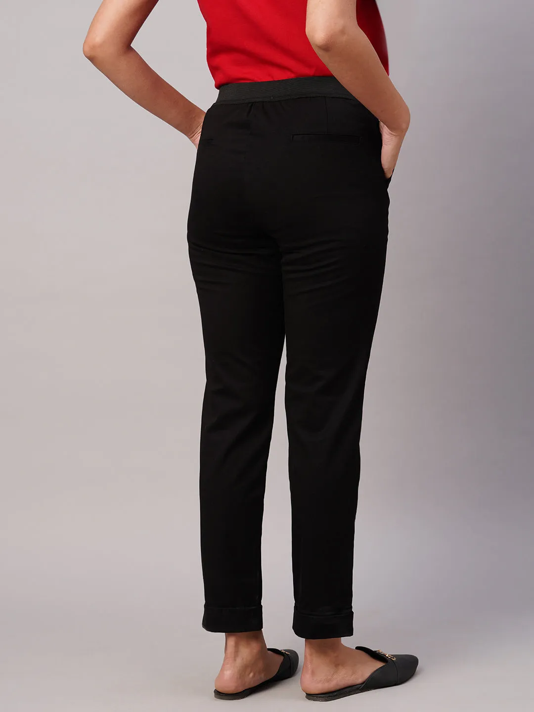 Women's Black Cotton Lycra Slim Fit Pant