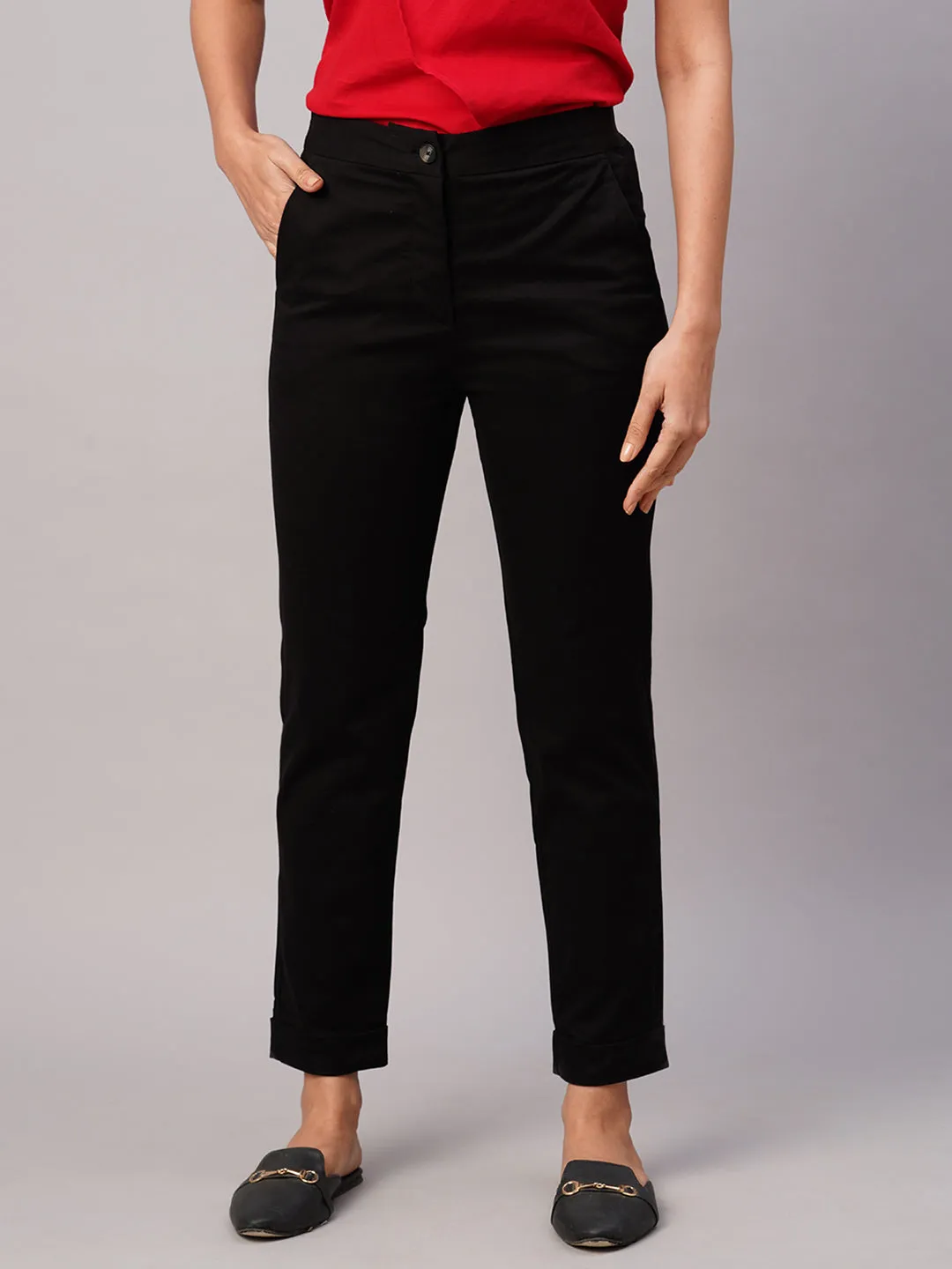 Women's Black Cotton Lycra Slim Fit Pant