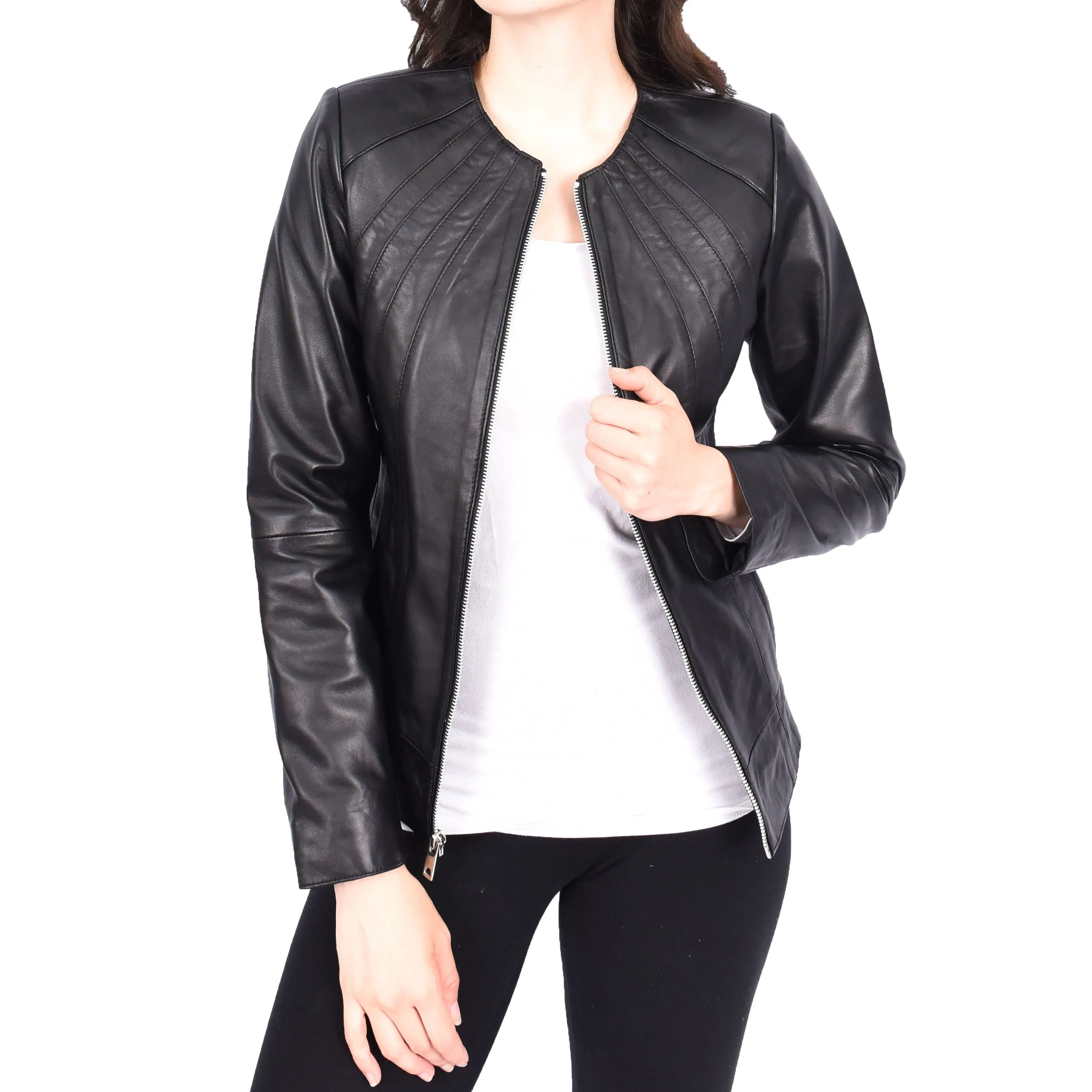 Womens Real Black Leather Jacket Collarless Round Neckline Casual Fitted Zip Fasten Biker Style Melody