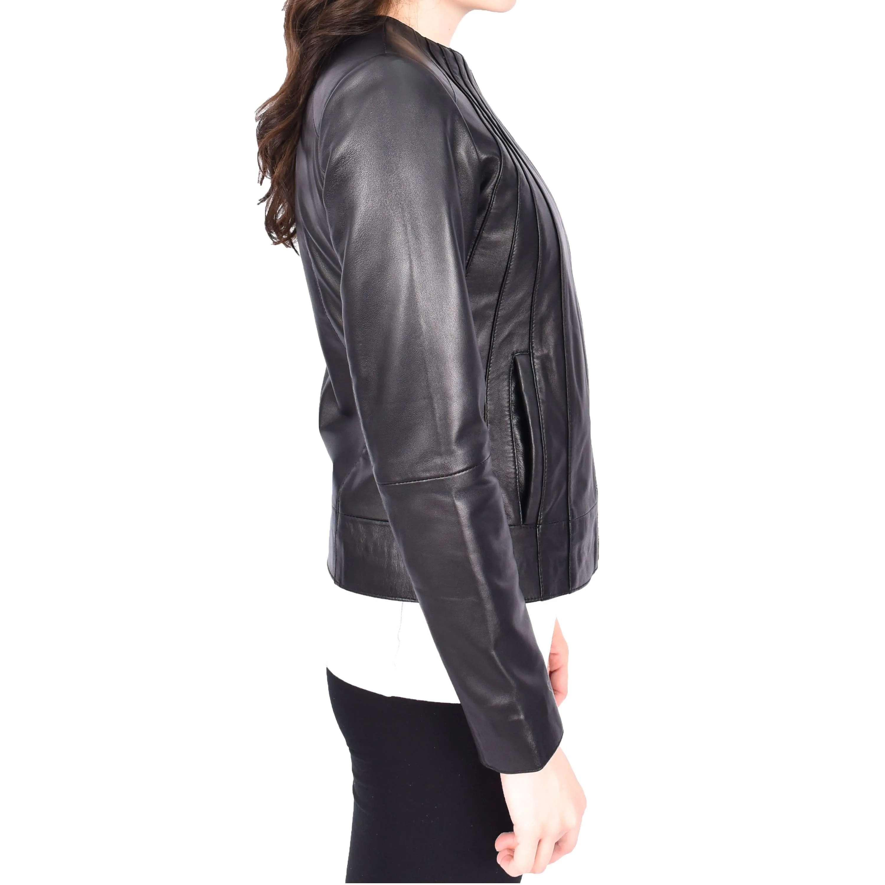 Womens Real Black Leather Jacket Collarless Round Neckline Casual Fitted Zip Fasten Biker Style Melody