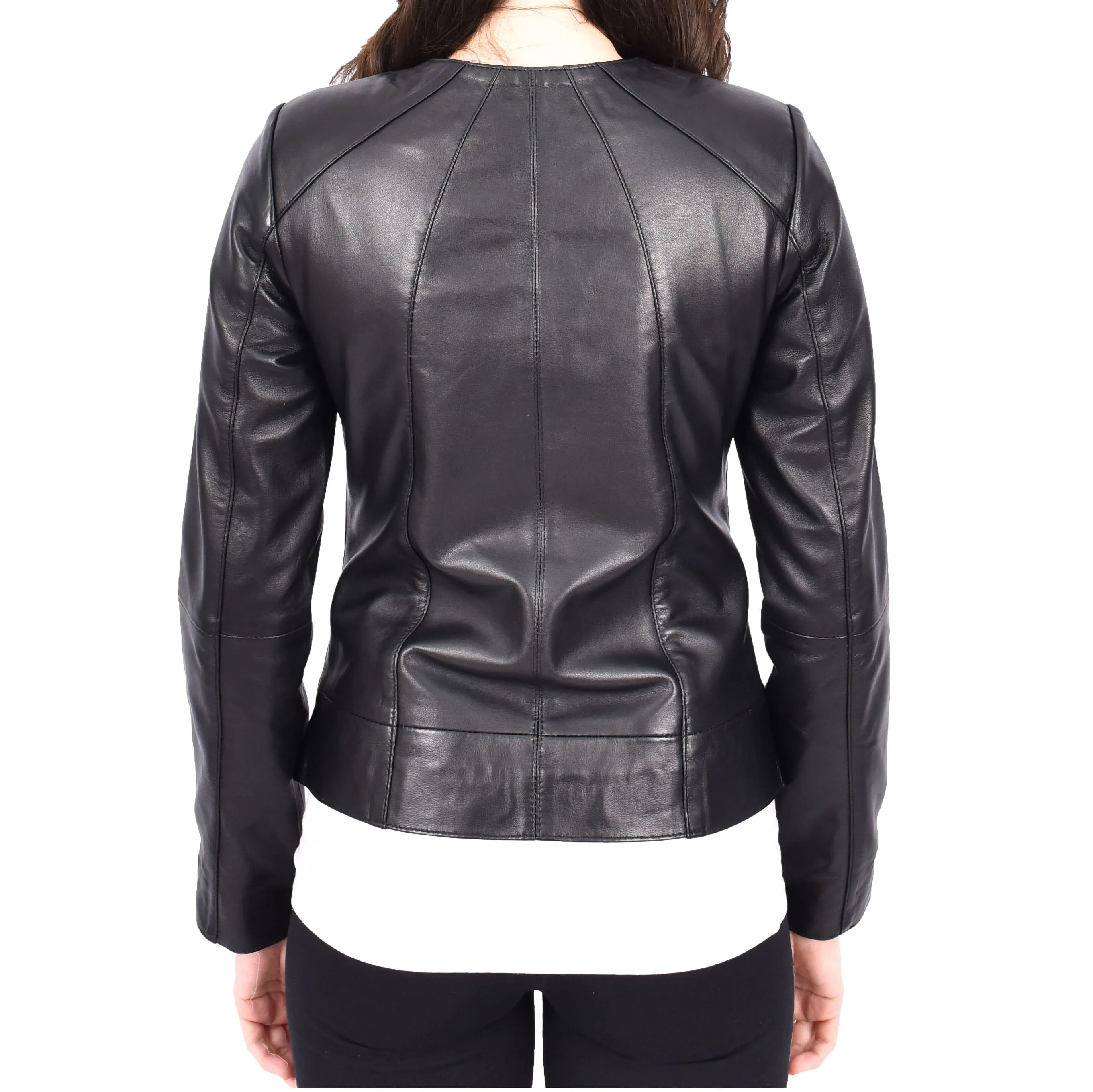 Womens Real Black Leather Jacket Collarless Round Neckline Casual Fitted Zip Fasten Biker Style Melody