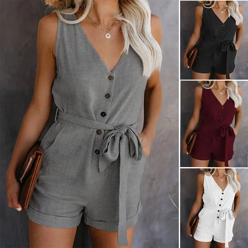 Womens V Neck Summer Casual Sleeveless Short Jumpsuits